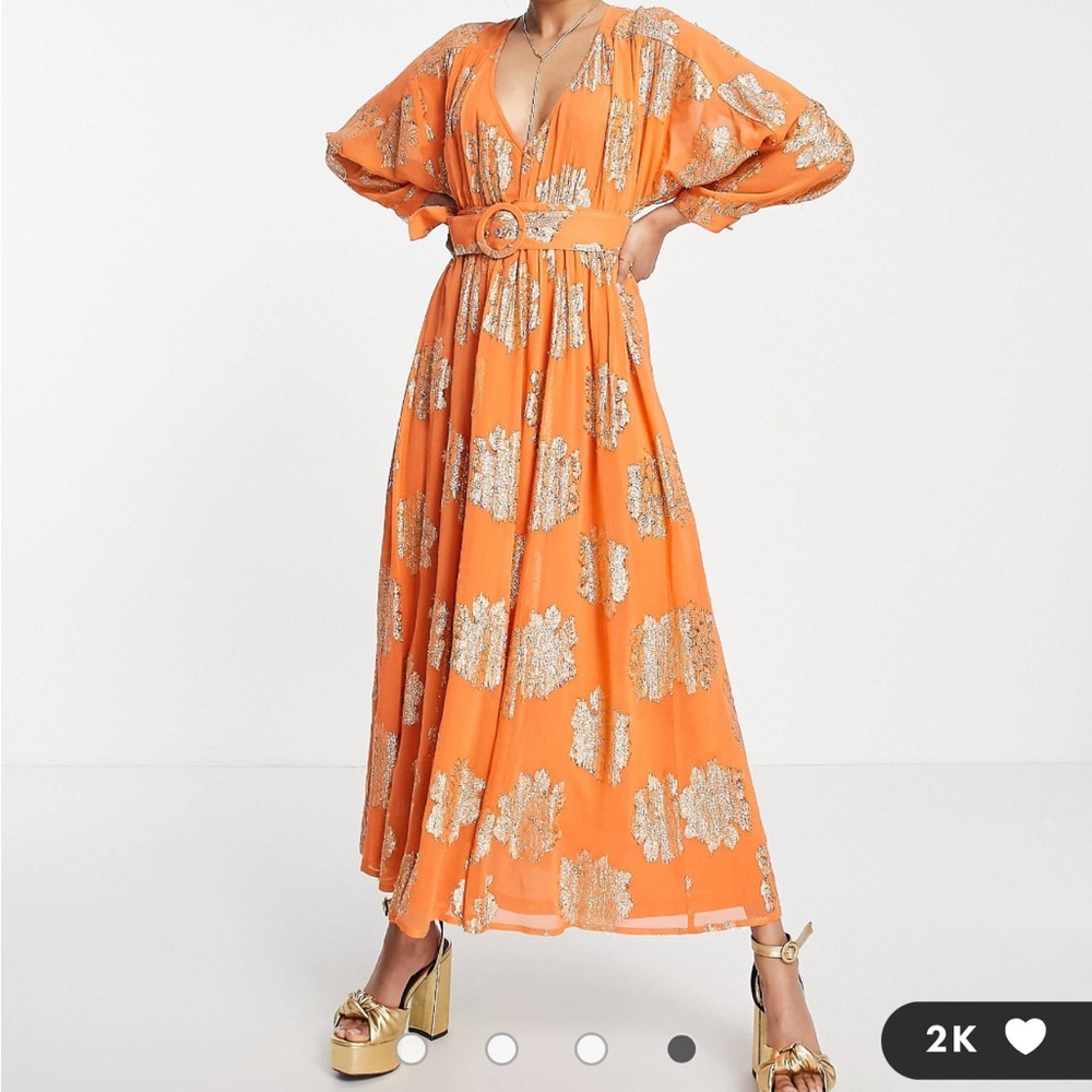 ASOS DESIGN Petite belted batwing maxi tea dress in orange metallic jacquard